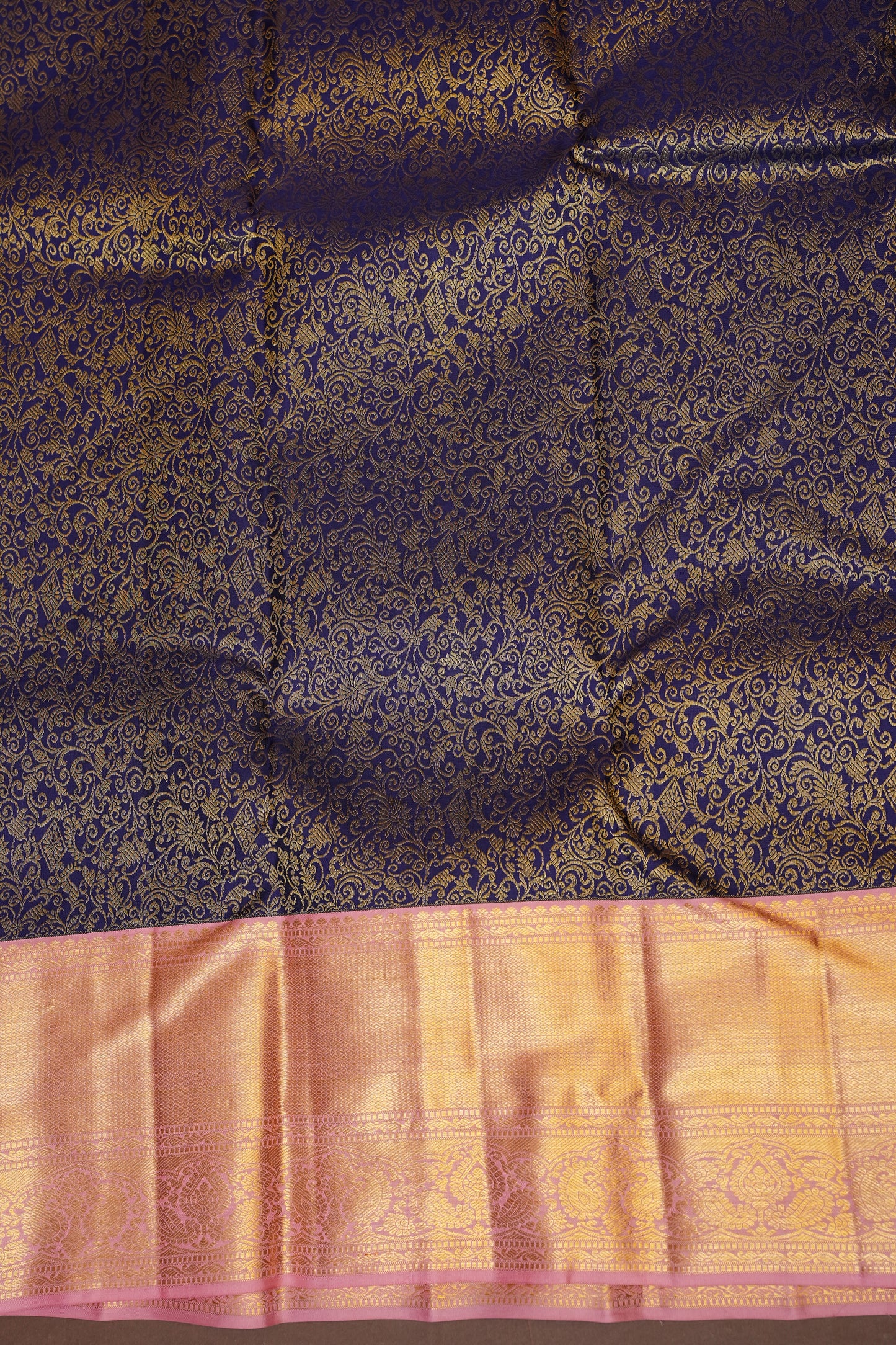 Navy Blue & Blush Pink Pure Kanchivaram Silk Saree with Rich 2 Gram Gold Zari Weave|Silk Mark Certified