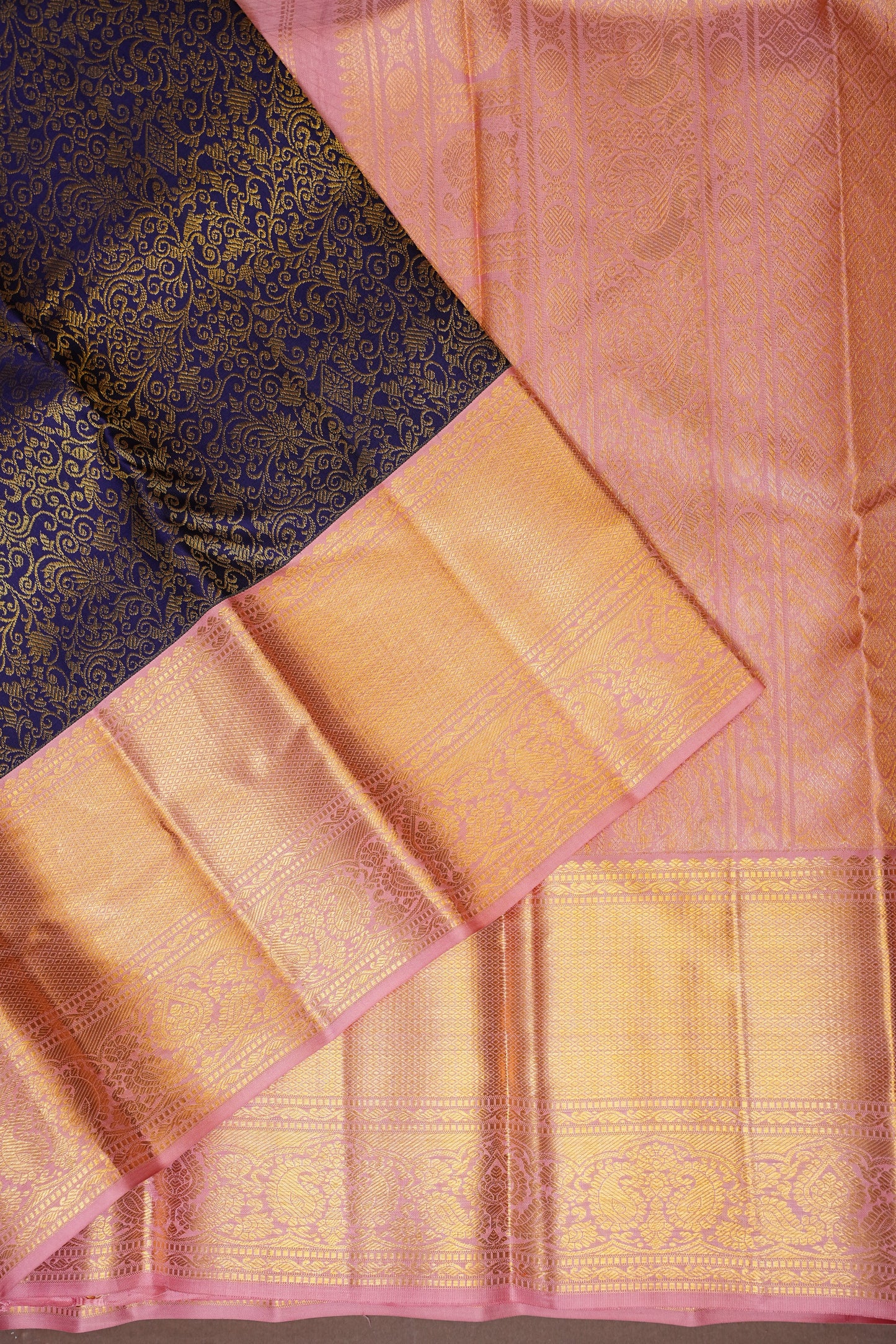 Navy Blue & Blush Pink Pure Kanchivaram Silk Saree with Rich 2 Gram Gold Zari Weave|Silk Mark Certified