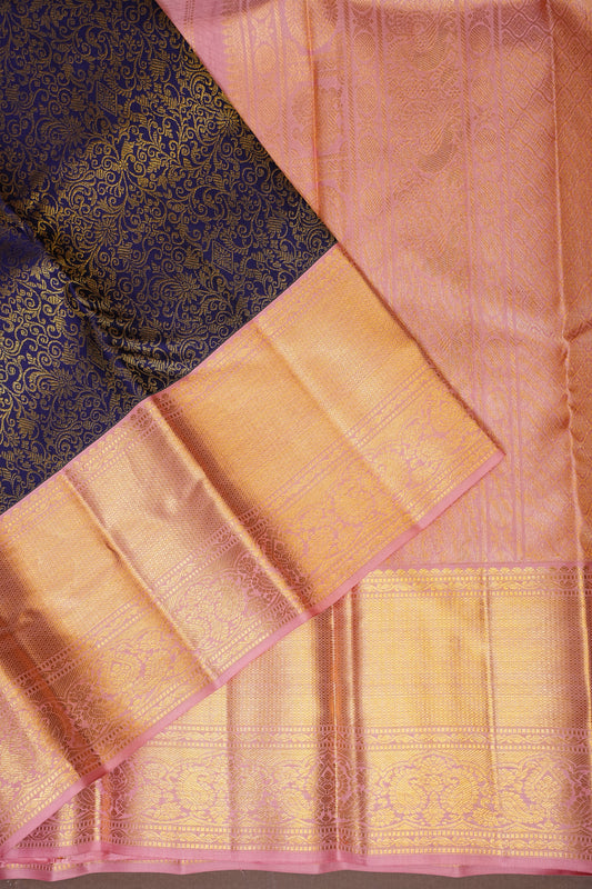 Pure Kanchivaram Silk Saree with Rich 2 Gram Gold Zari Weave - Navy Blue & Blush Pink