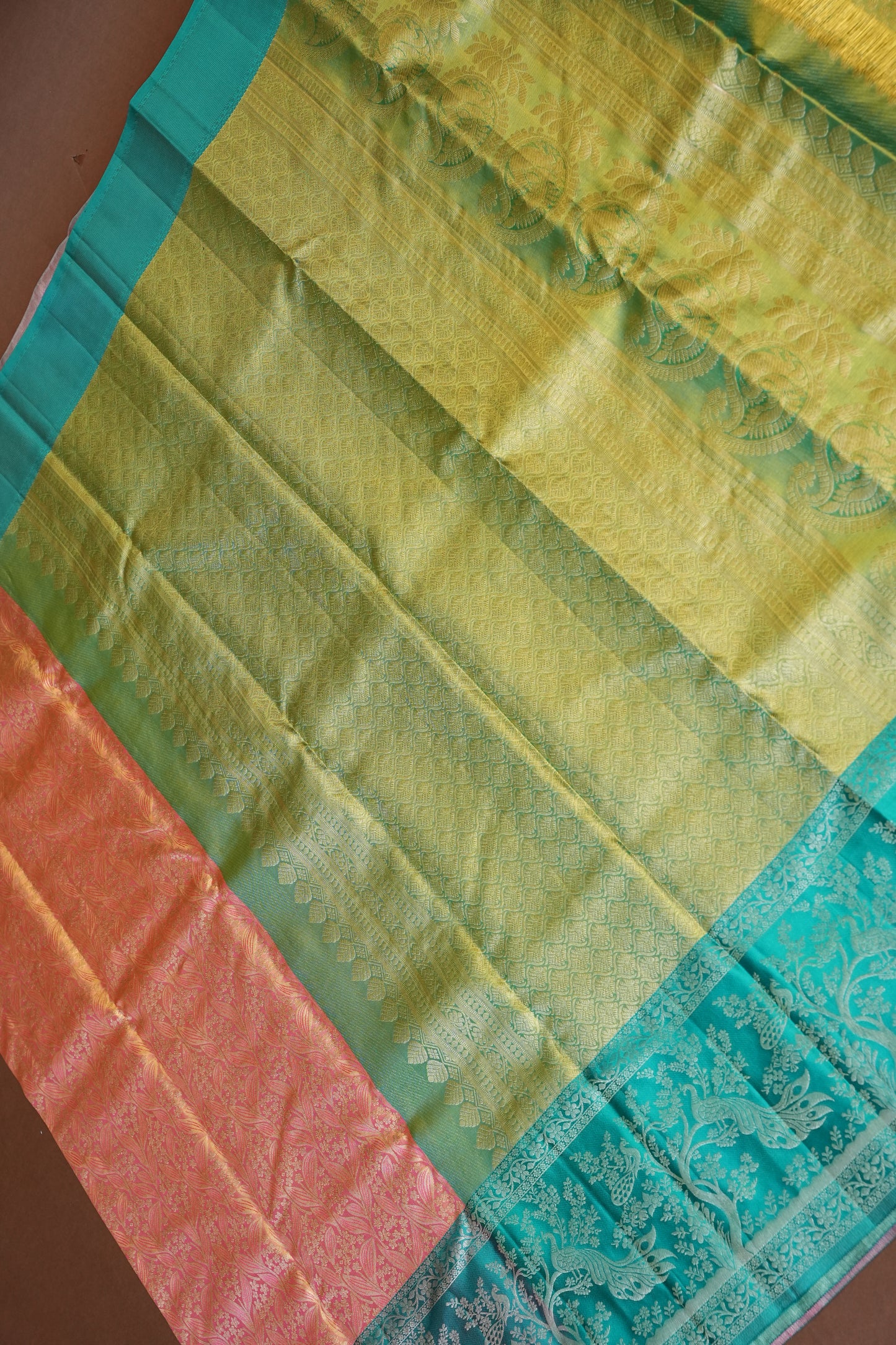 Peach & Aqua Blue Pure Tissue Kanchivaram Silk Saree with Elegant Zari Weave|Silk Mark Certified.