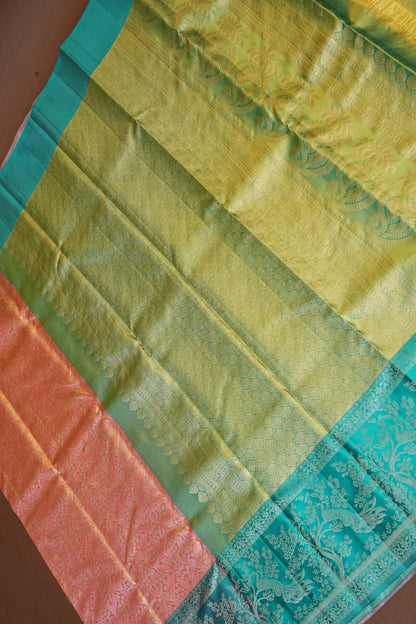 Peach & Aqua Blue Pure Tissue Kanchivaram Silk Saree with Elegant Zari Weave|Silk Mark Certified.