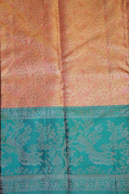Peach & Turquoise Pure Tissue Kanchipuram Silk Saree|Silk Mark Certified