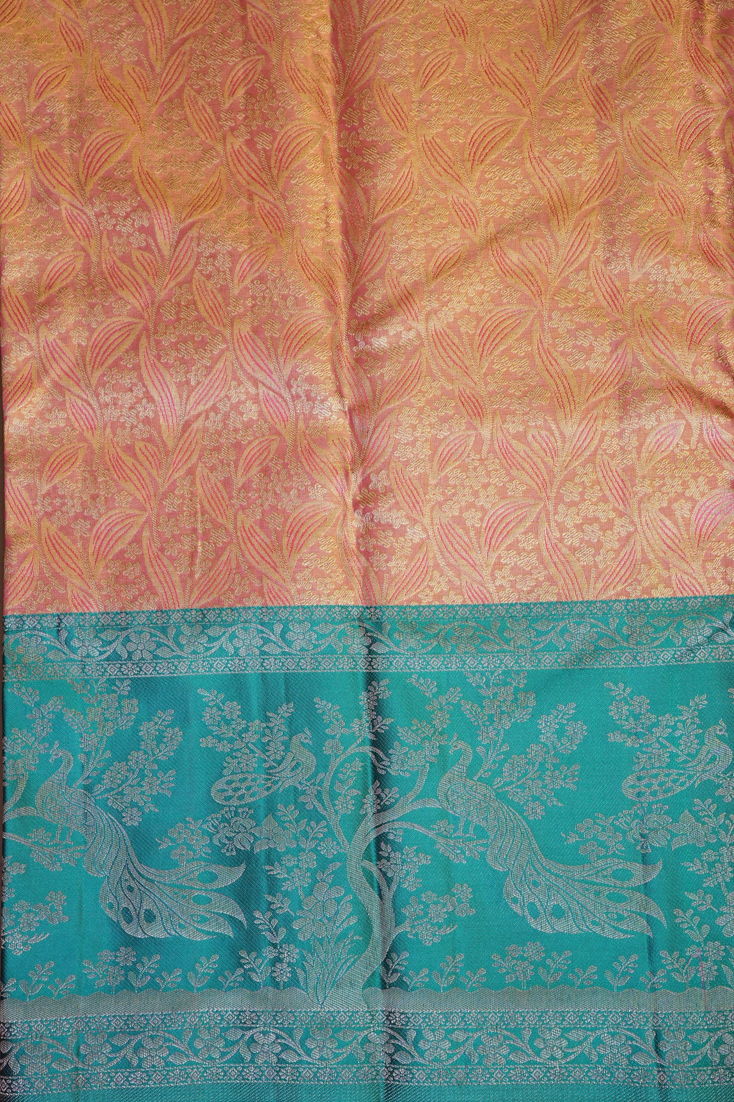 Peach & Aqua Blue Pure Tissue Kanchivaram Silk Saree with Elegant Zari Weave|Silk Mark Certified.