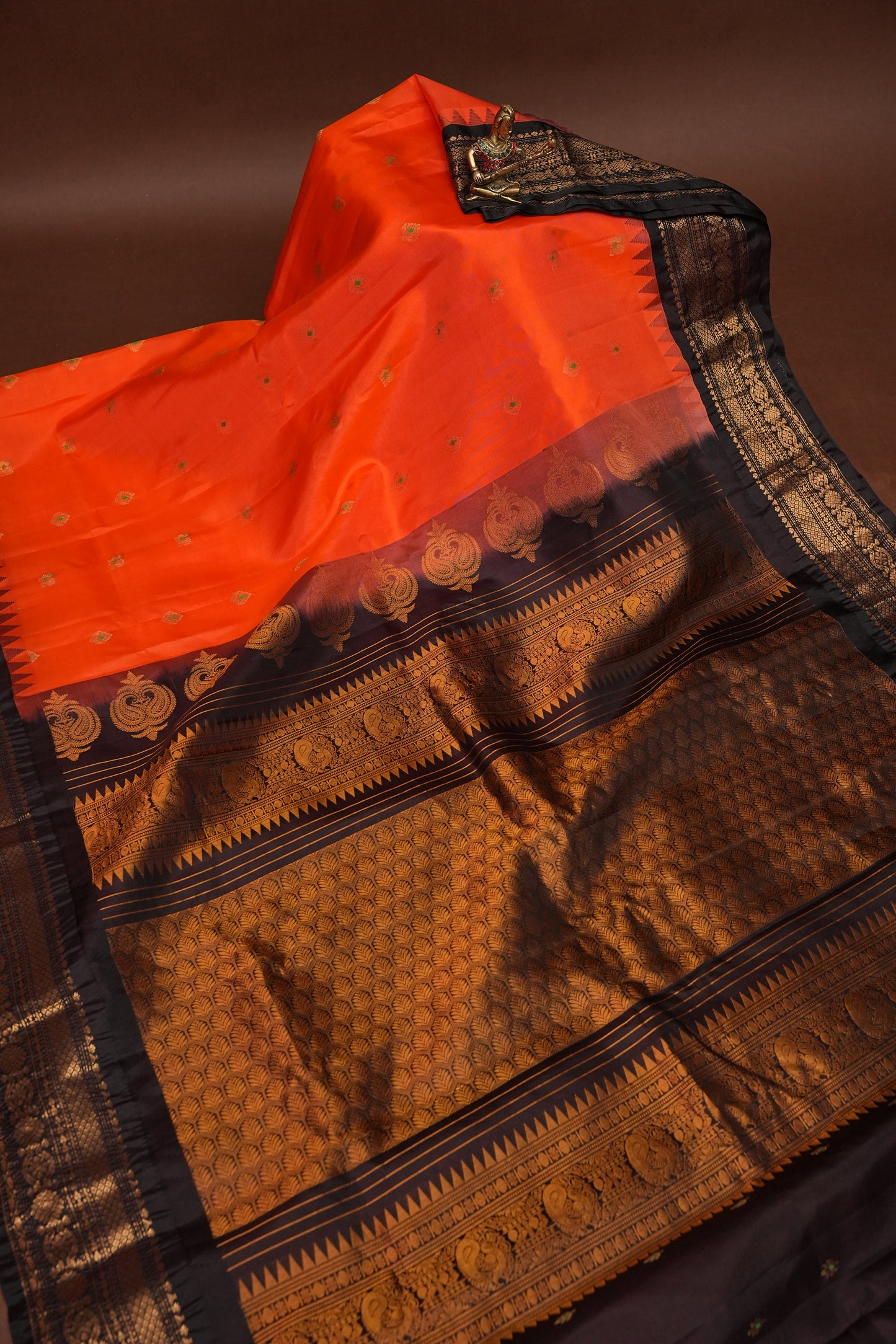 Pure Gadwal Silk Saree - Orange and Black