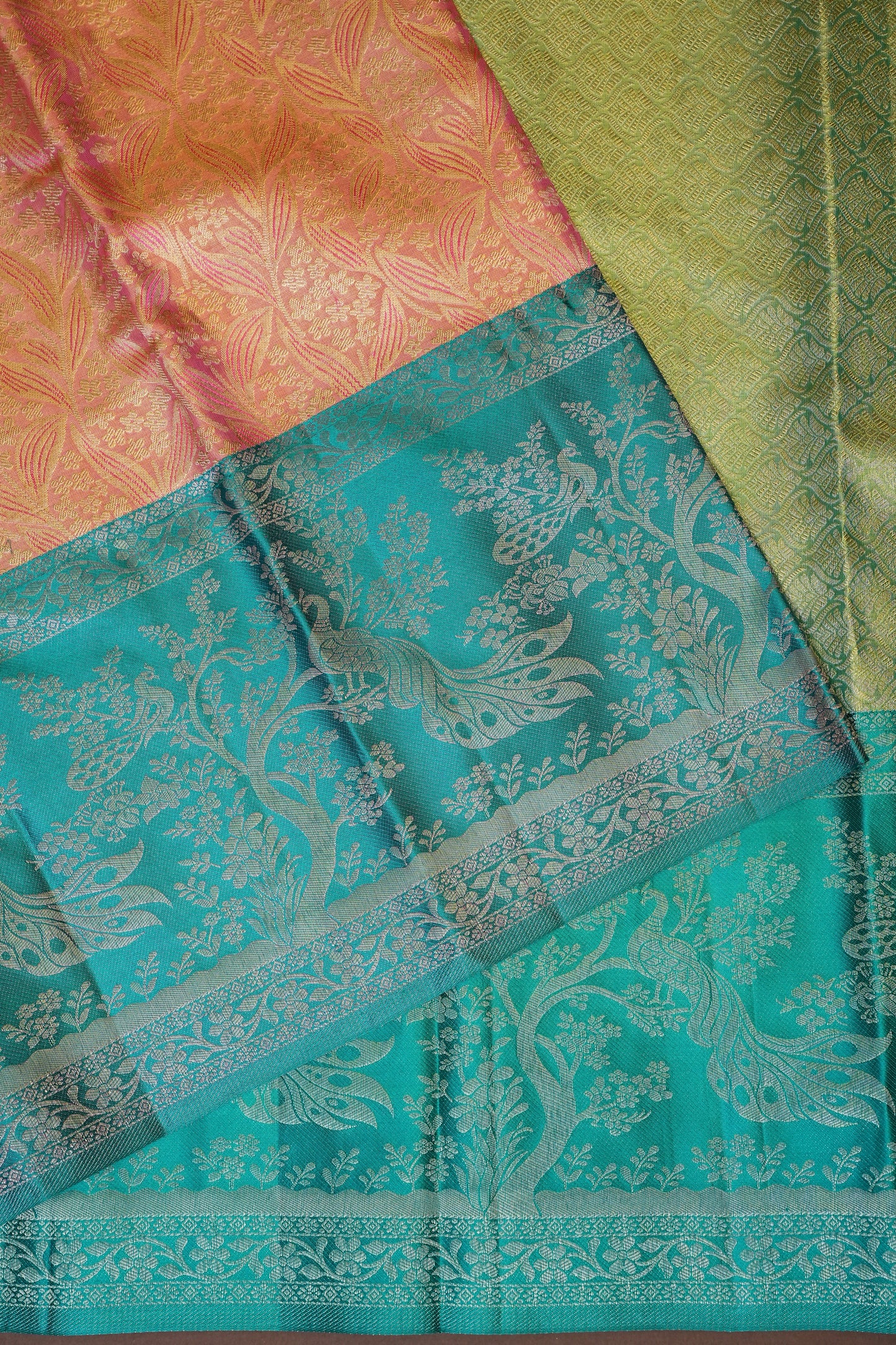 Peach & Aqua Blue Pure Tissue Kanchivaram Silk Saree with Elegant Zari Weave|Silk Mark Certified.