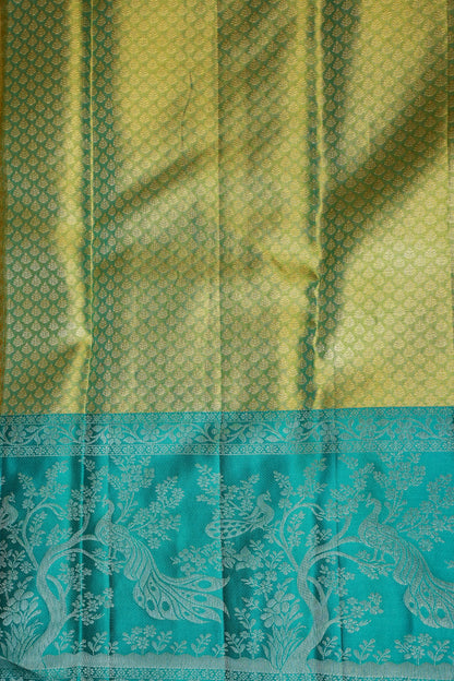 Peach & Aqua Blue Pure Tissue Kanchivaram Silk Saree with Elegant Zari Weave|Silk Mark Certified.