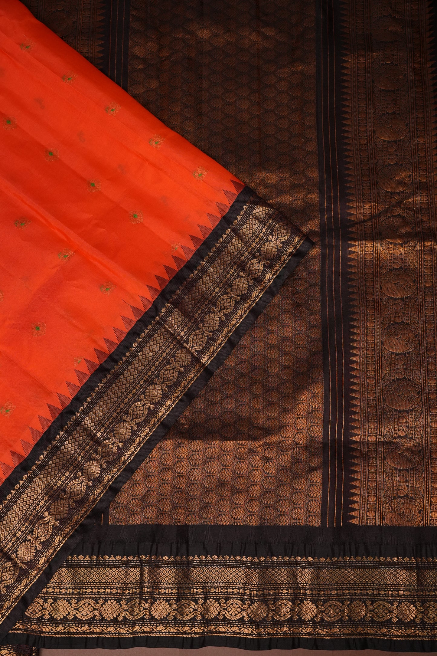 Pure Gadwal Silk Saree - Orange and Black