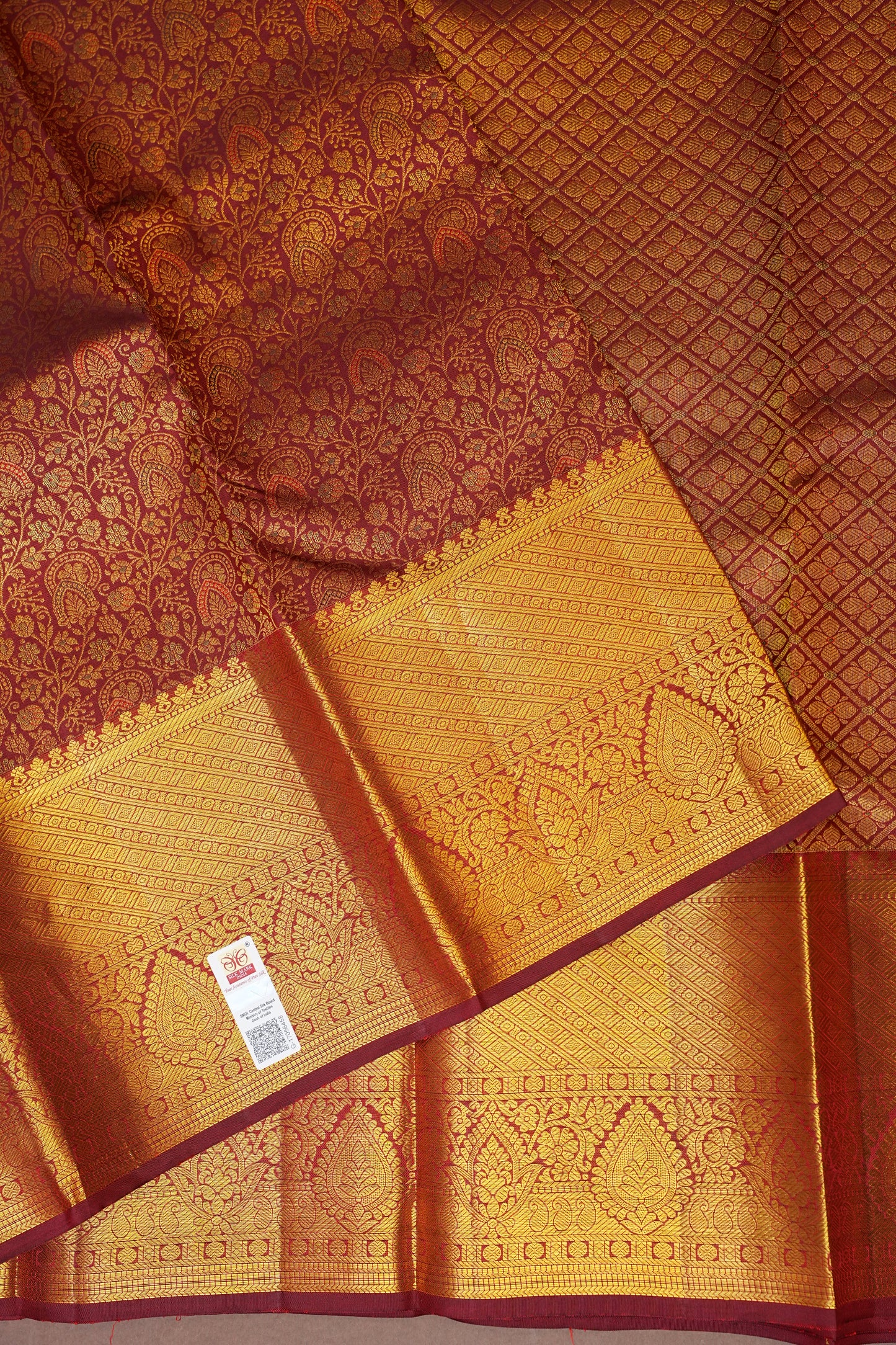 Bridal Maroon Brocade Pure Kanchivaram Silk Saree with Rich Zari Weave|Silk Mark Certified.