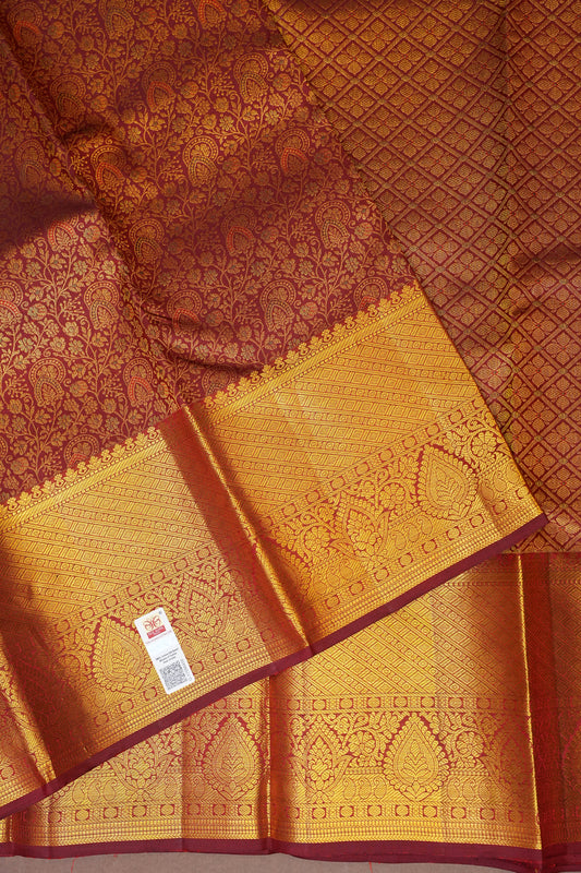 Bridal Maroon Brocade Pure Kanchivaram Silk Saree with Rich Zari Weave|Silk Mark Certified.