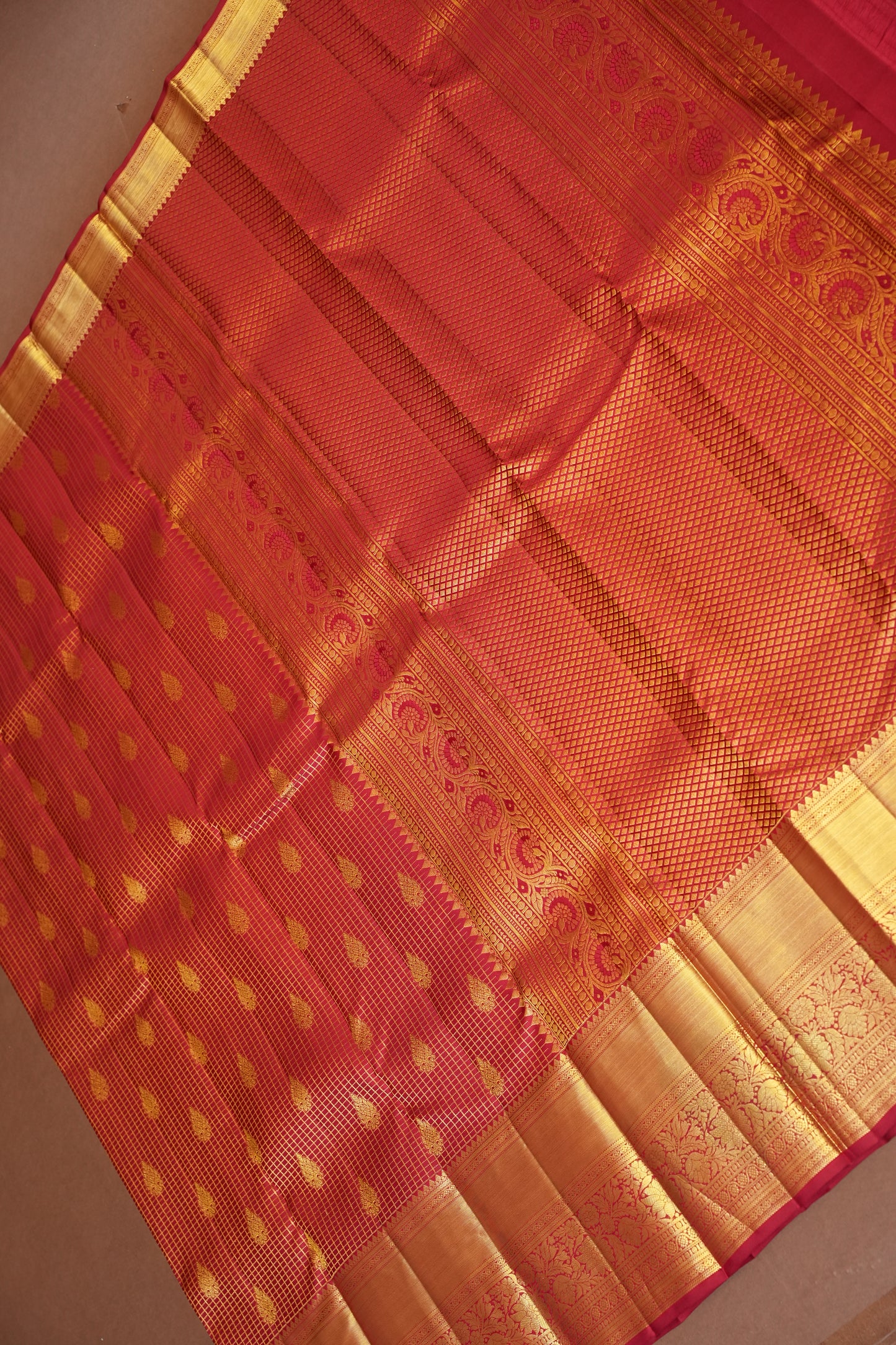 Bridal Deep Red Pure Kanchivaram Silk Saree with Classic Gold Zari Weave|Silk Mark Certified.