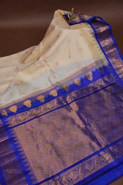 Pure Gadwal Silk Saree - Soft Ivory and Royal Blue