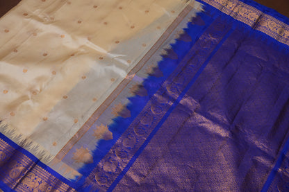 Pure Gadwal Silk Saree - Soft Ivory and Royal Blue