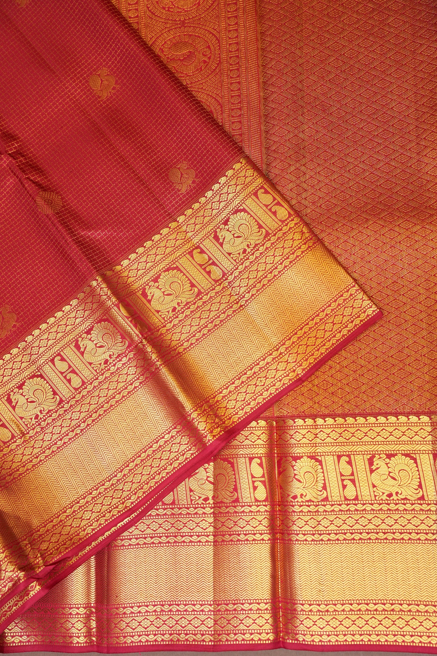 Bridal Deep Red Pure Kanchivaram Silk Saree with 1 Gram Gold Zari Weave|Silk Mark Certified.