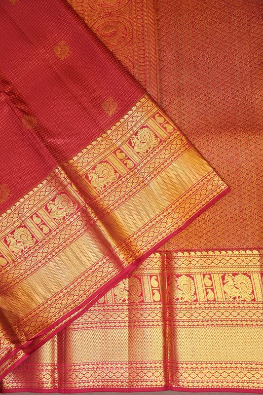 Bridal Deep Red Pure Kanchivaram Silk Saree with 1 Gram Gold Zari Weave|Silk Mark Certified.