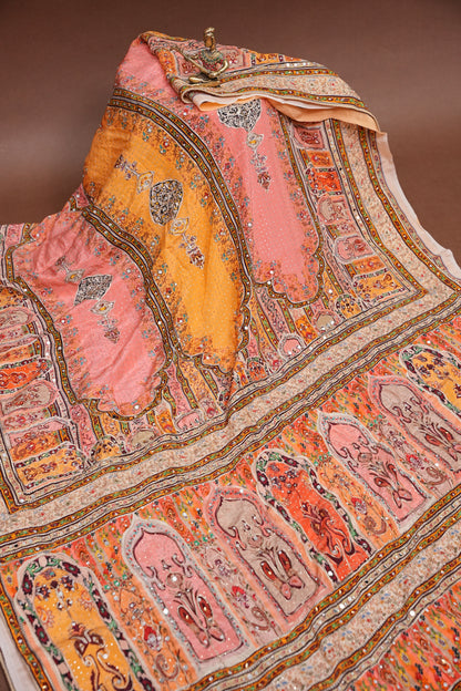 Peach, Mustard Yellow & Multicolour Heritage Print Party Wear Saree