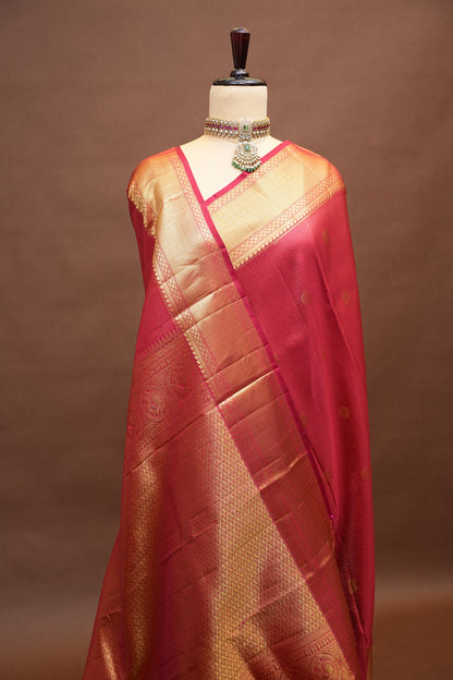 Bridal Deep Red Pure Kanchivaram Silk Saree with 1 Gram Gold Zari Weave|Silk Mark Certified.