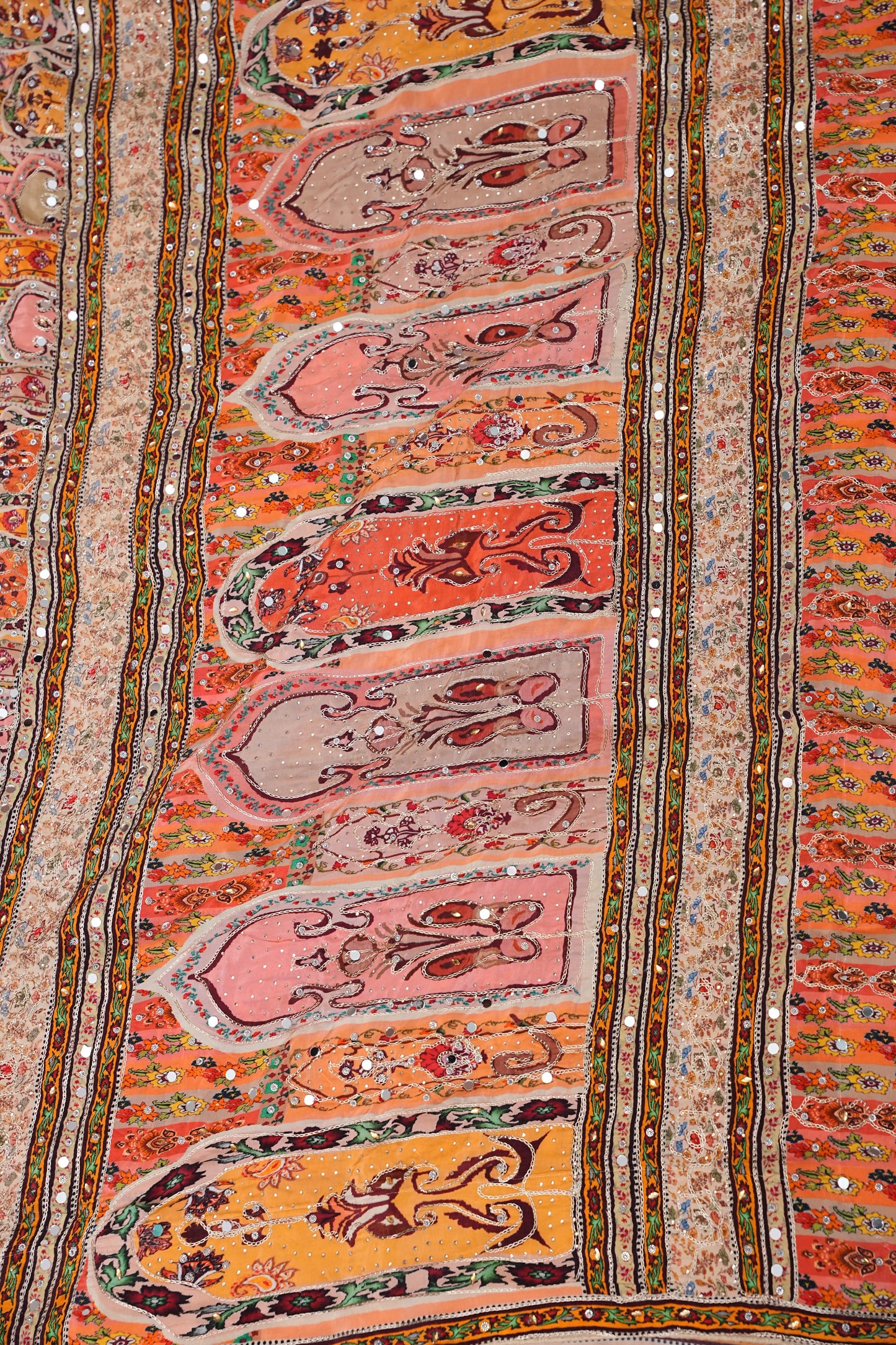 Peach, Mustard Yellow & Multicolour Heritage Print Party Wear Saree