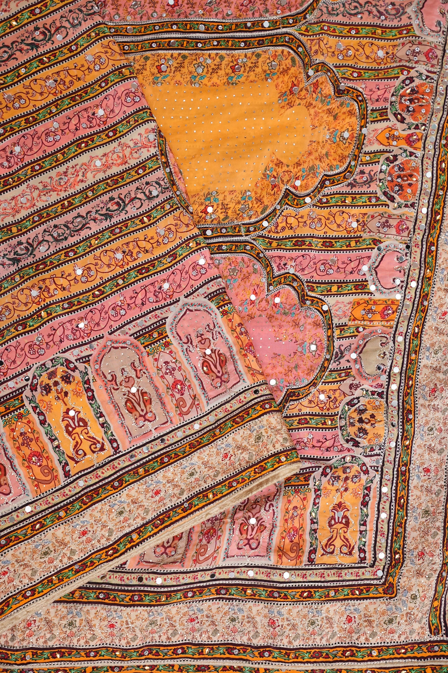 Peach, Mustard Yellow & Multicolour Heritage Print Party Wear Saree