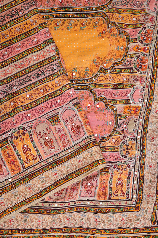 Peach, Mustard Yellow & Multicolour Heritage Print Party Wear Saree