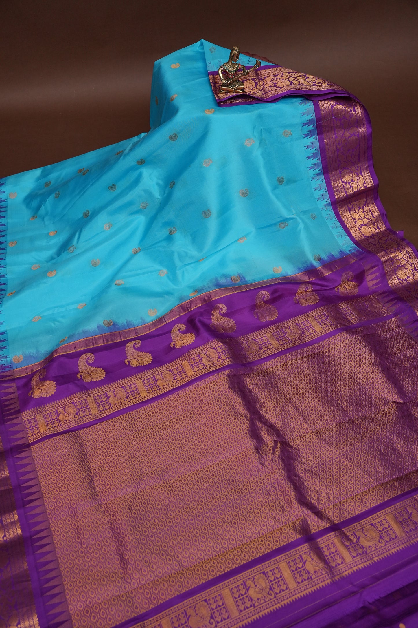 Pure Gadwal Silk Saree - Turquoise Blue with Deep Purple