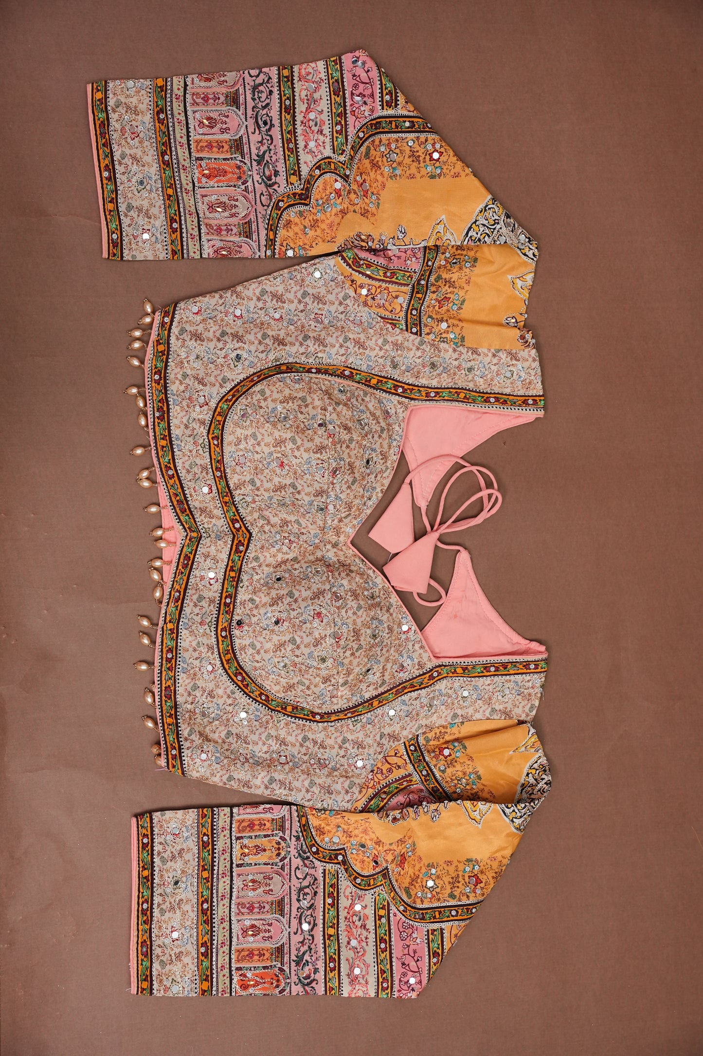 Peach, Mustard Yellow & Multicolour Heritage Print Party Wear Saree