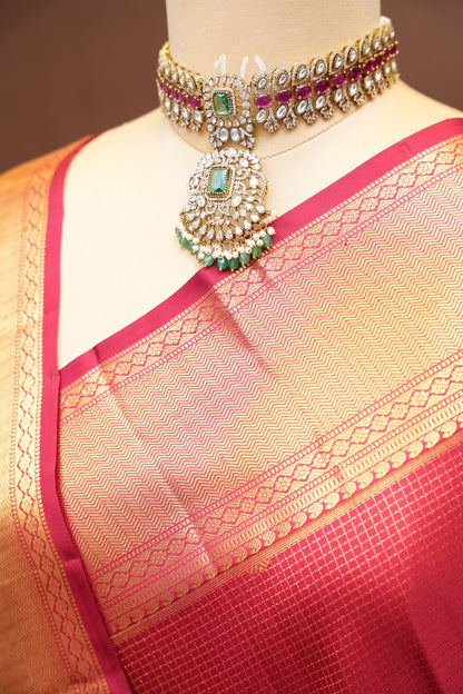Bridal Deep Red Pure Kanchivaram Silk Saree with 1 Gram Gold Zari Weave|Silk Mark Certified.
