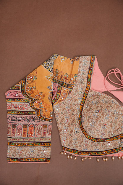 Peach, Mustard Yellow & Multicolour Heritage Print Party Wear Saree