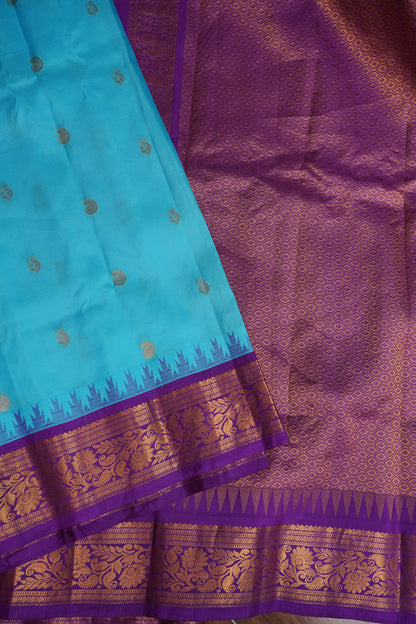 Pure Gadwal Silk Saree - Turquoise Blue with Deep Purple