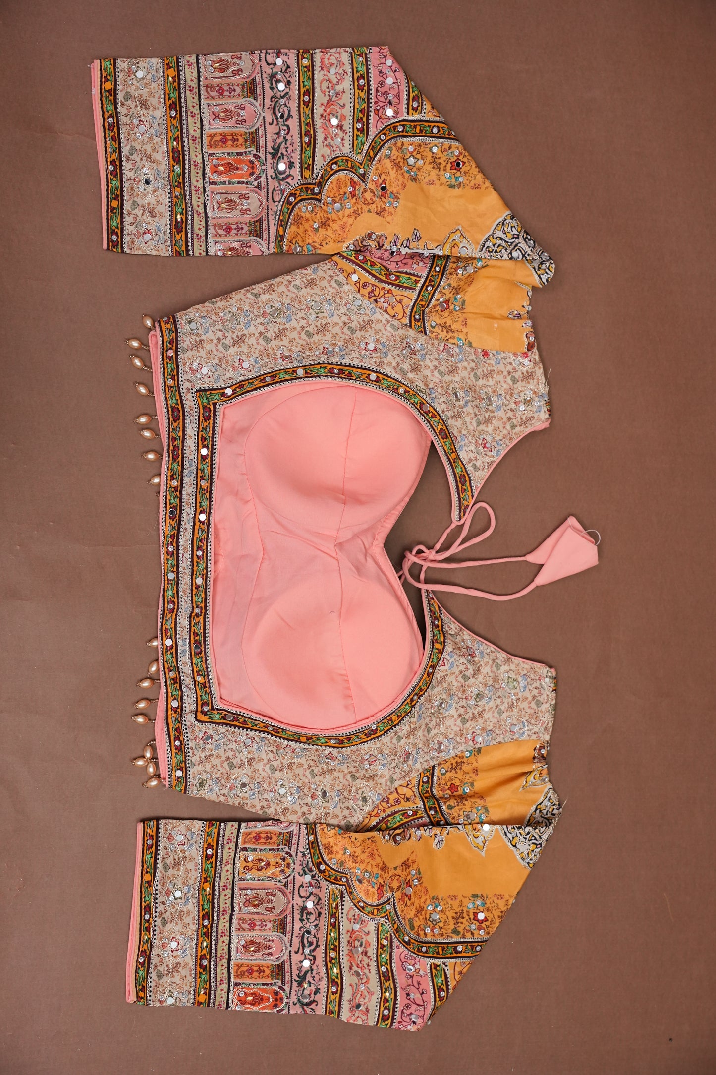 Peach, Mustard Yellow & Multicolour Heritage Print Party Wear Saree