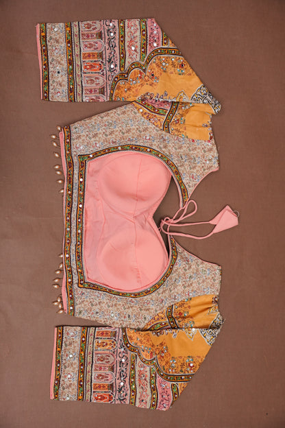 Peach, Mustard Yellow & Multicolour Heritage Print Party Wear Saree