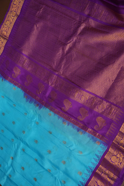 Pure Gadwal Silk Saree - Turquoise Blue with Deep Purple