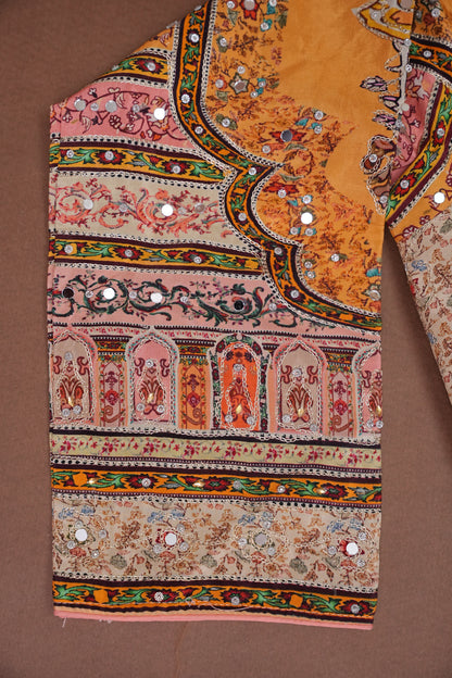 Peach, Mustard Yellow & Multicolour Heritage Print Party Wear Saree