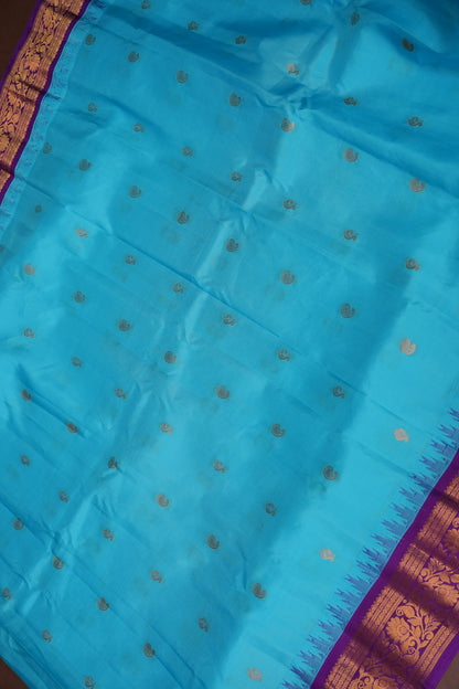 Pure Gadwal Silk Saree - Turquoise Blue with Deep Purple