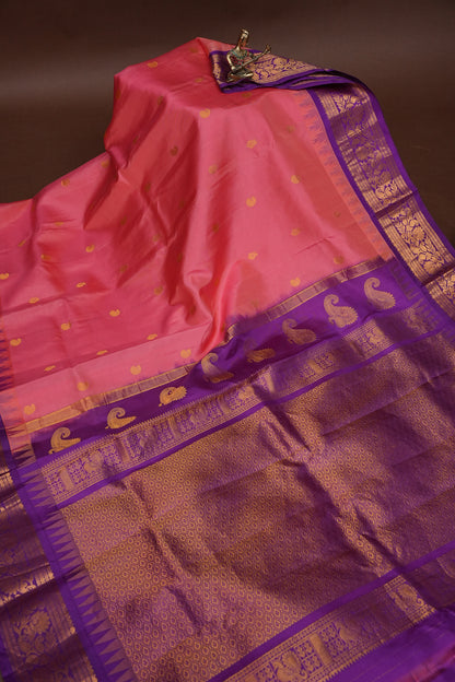 Pure Gadwal Silk Saree - Candy Pink with Deep Purple