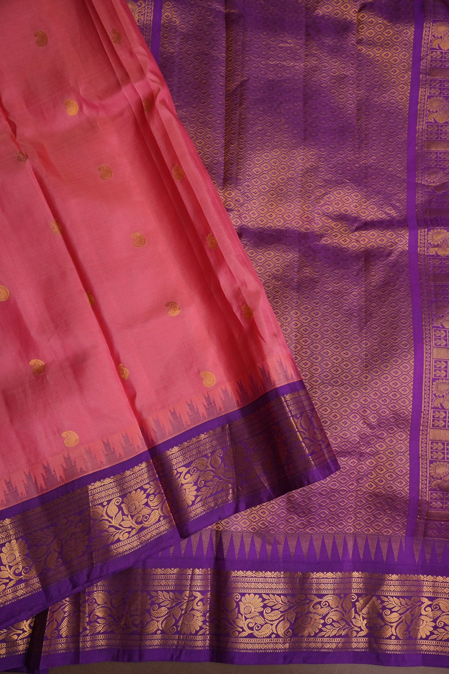 Pure Gadwal Silk Saree - Candy Pink with Deep Purple