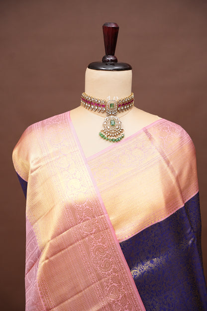 Navy Blue & Blush Pink Pure Kanchivaram Silk Saree with Rich 2 Gram Gold Zari Weave|Silk Mark Certified