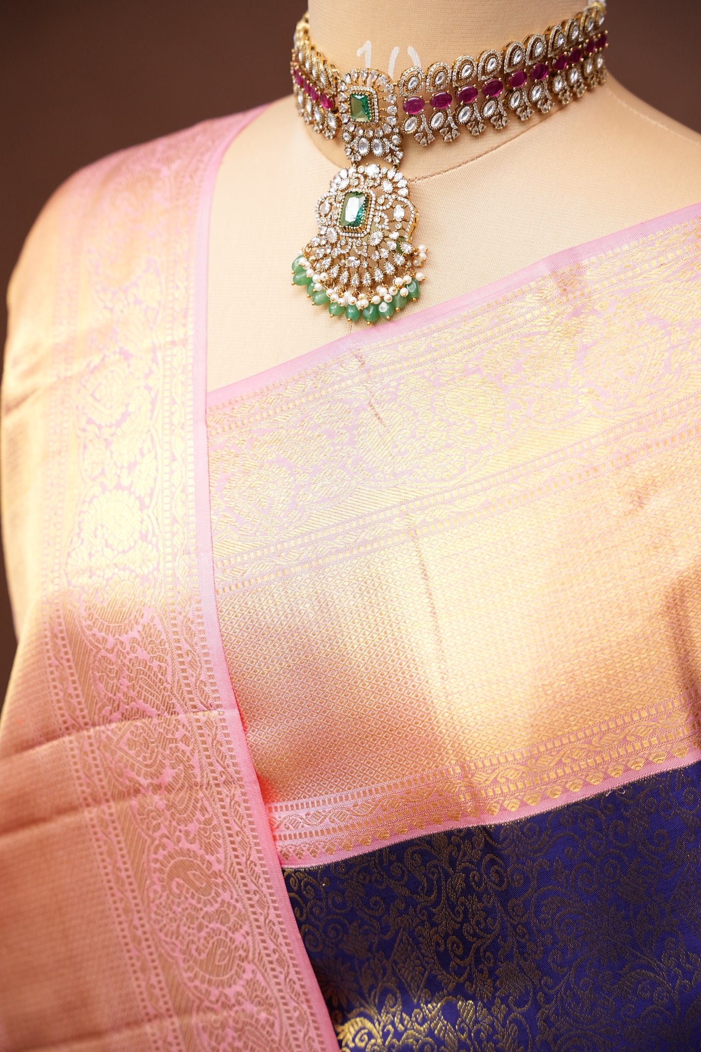 Navy Blue & Blush Pink Pure Kanchivaram Silk Saree with Rich 2 Gram Gold Zari Weave|Silk Mark Certified