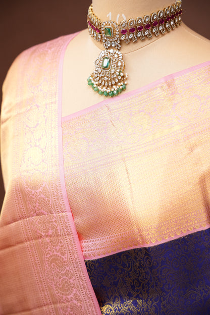 Navy Blue & Blush Pink Pure Kanchivaram Silk Saree with Rich 2 Gram Gold Zari Weave|Silk Mark Certified