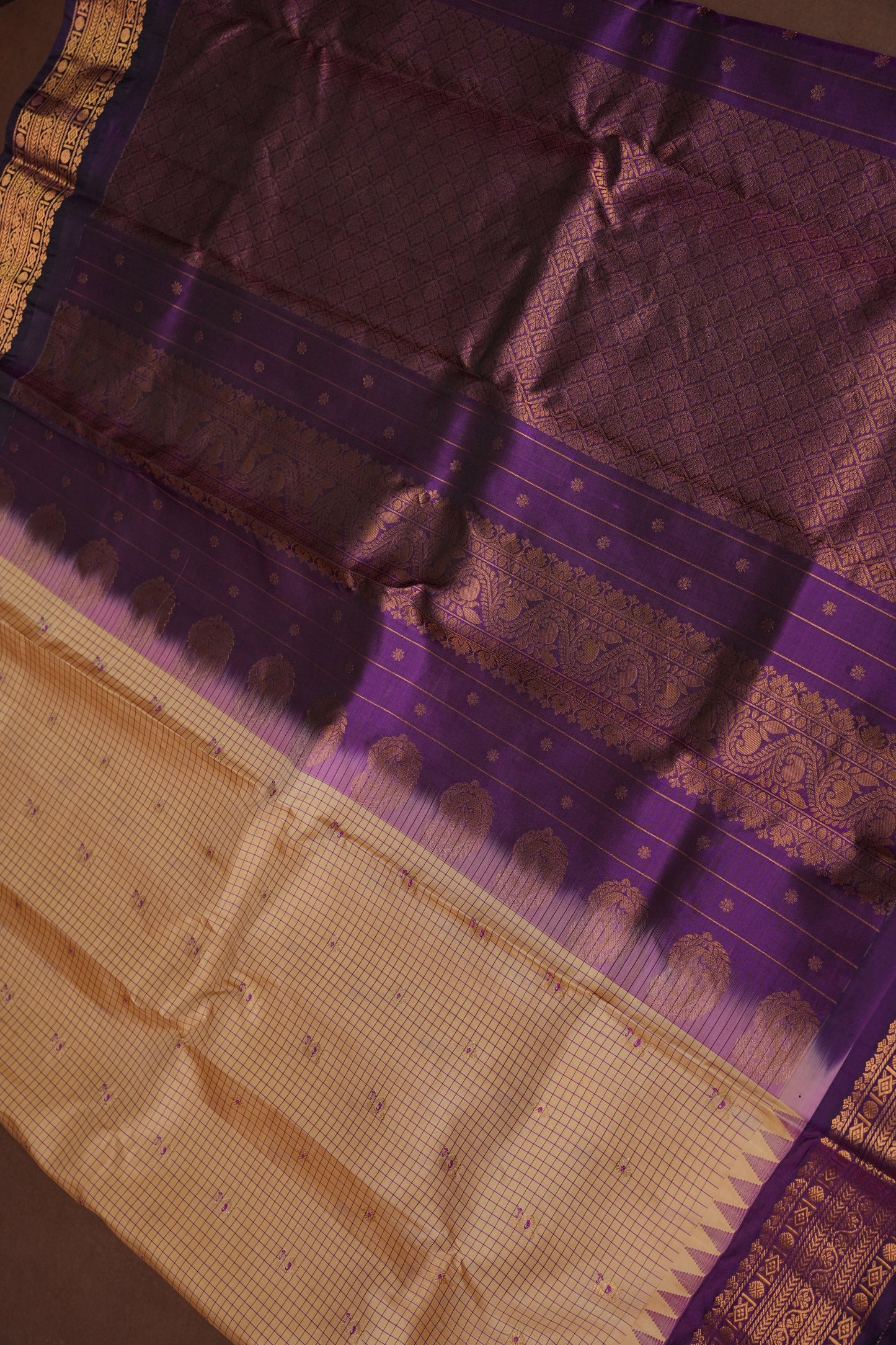 Pure Gadwal Silk Saree - Beige with Deep Purple