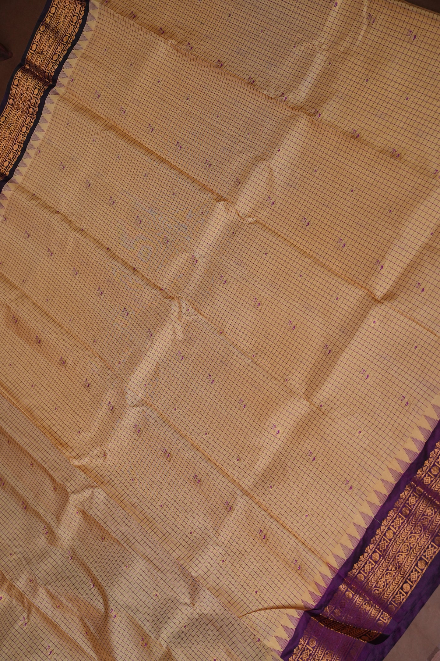 Pure Gadwal Silk Saree - Beige with Deep Purple