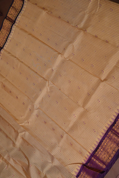 Pure Gadwal Silk Saree - Beige with Deep Purple