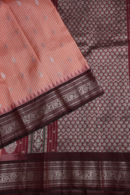 Pure Gadwal Silk Saree - Peach with Maroon