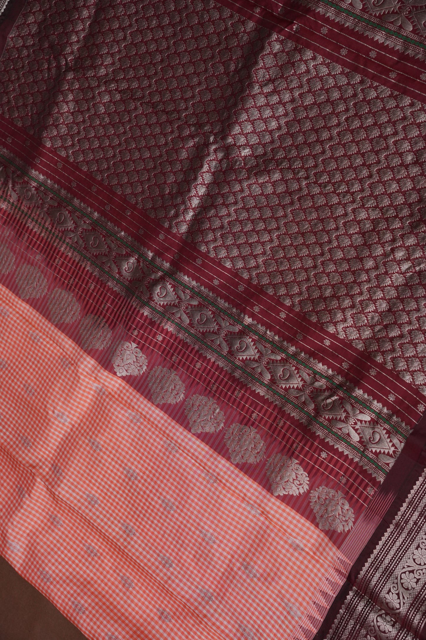 Pure Gadwal Silk Saree - Peach with Maroon