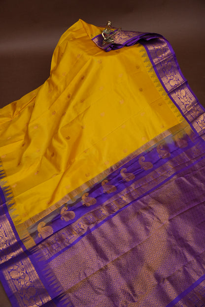 Pure Gadwal Silk Saree - Yellow with Purple