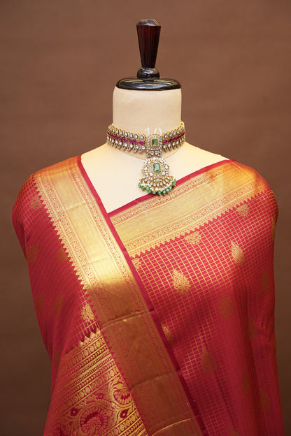 Bridal Deep Red Pure Kanchivaram Silk Saree with Classic Gold Zari Weave|Silk Mark Certified.