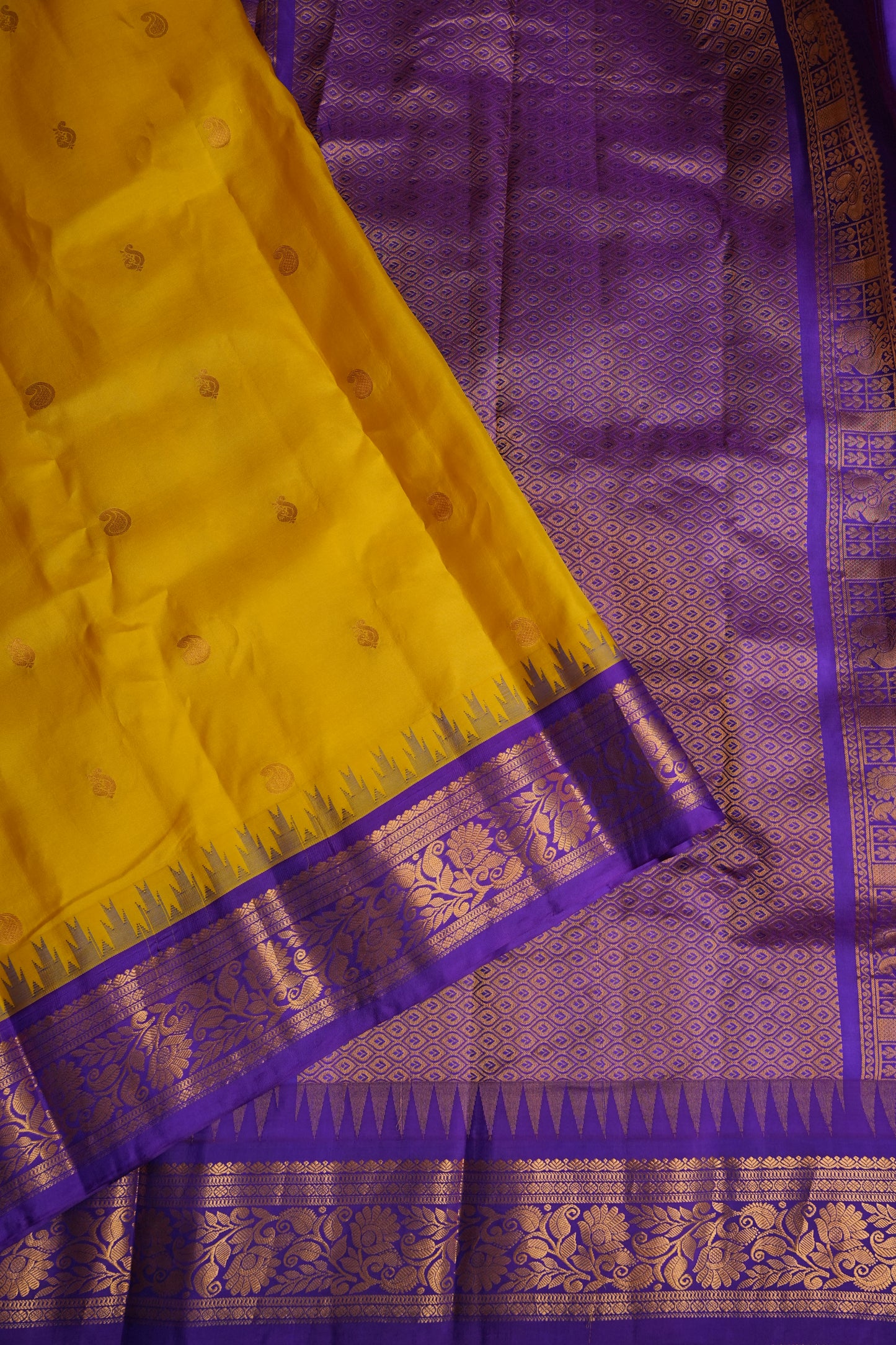 Pure Gadwal Silk Saree - Yellow with Purple