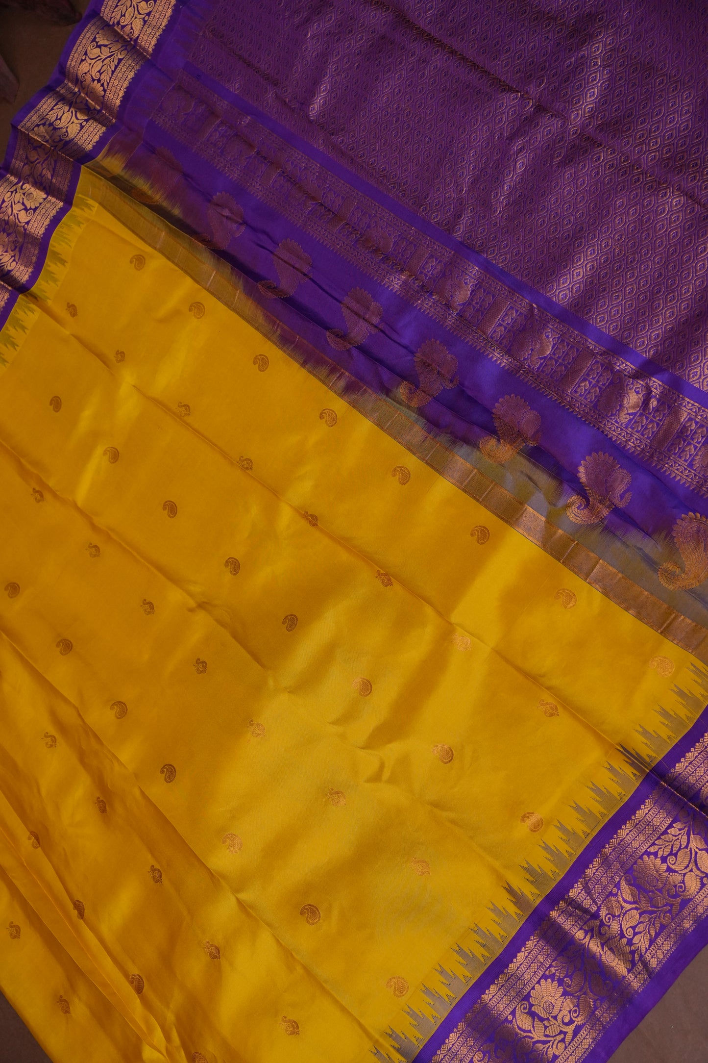 Pure Gadwal Silk Saree - Yellow with Purple