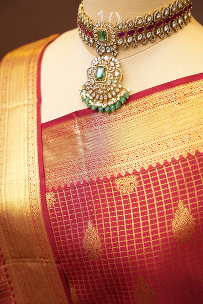 Bridal Deep Red Pure Kanchivaram Silk Saree with Classic Gold Zari Weave|Silk Mark Certified.
