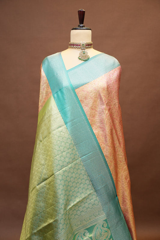 Peach & Aqua Blue Pure Tissue Kanchivaram Silk Saree with Elegant Zari Weave|Silk Mark Certified.