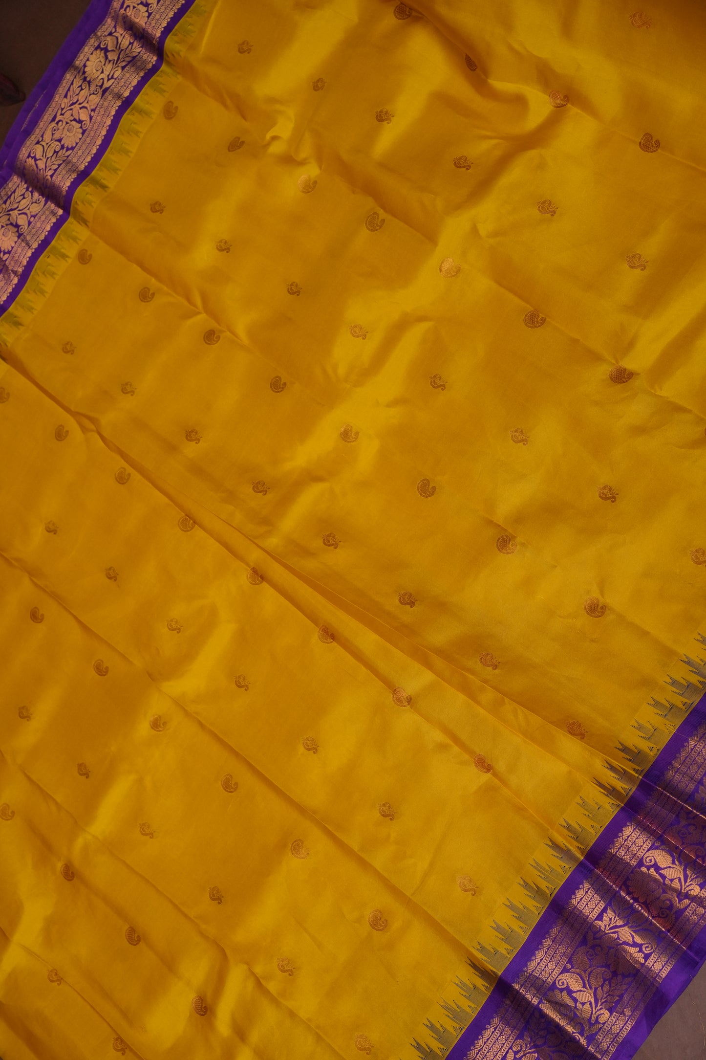 Pure Gadwal Silk Saree - Yellow with Purple